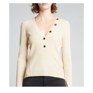 FRAME Women's Sweater XL Ribbed Button Front V-Neck Minimalist Neutral Knit Top